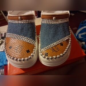 Stylish Denim and Leather Slip-On Shoes with Rhinestones